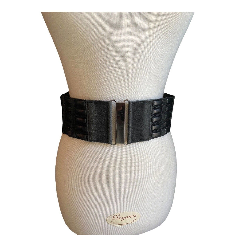 Black Silver Buckle Women Wide Stretch Leather & Elastic Waist Belt Fashion